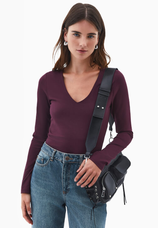 Bordo Modal V Yaka Tişört