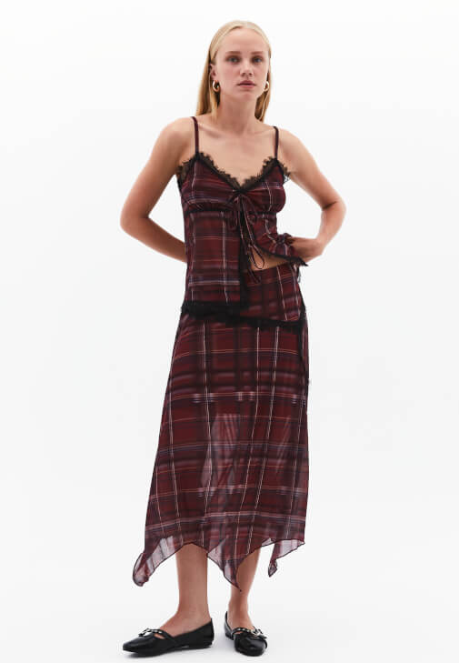 Çok Renkli Dantel Detaylı Ekose Etek