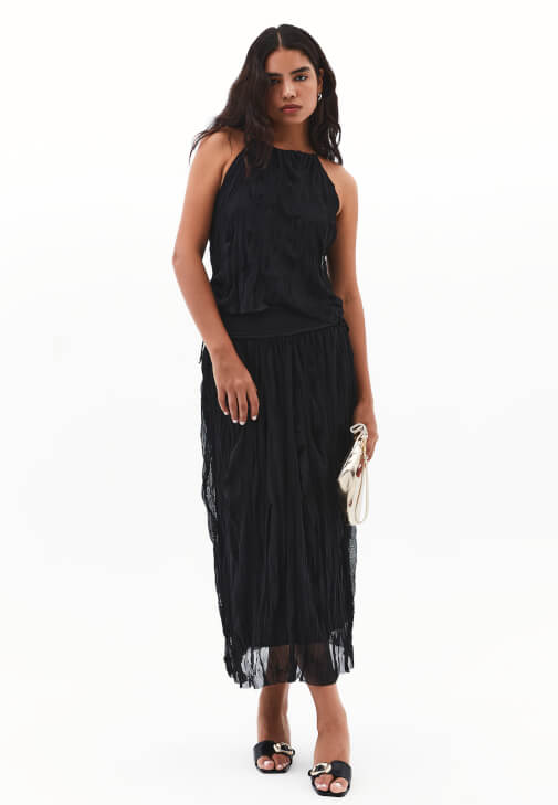 Siyah Yüksek Bel Midi Etek