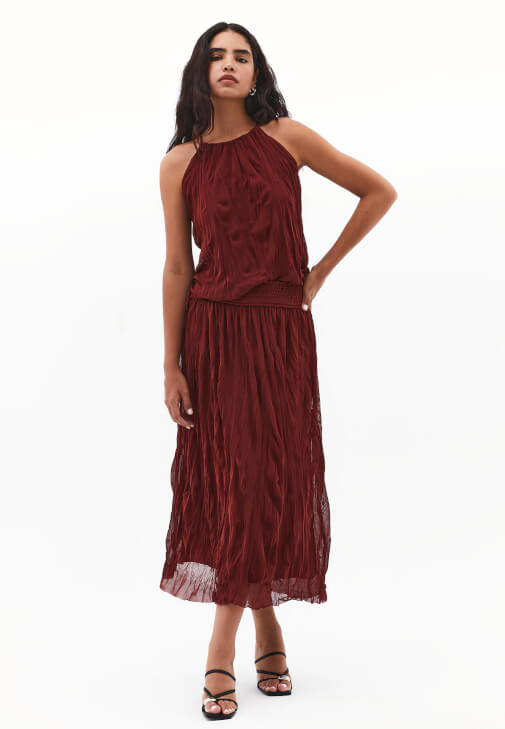 Bordo Yüksek Bel Midi Etek