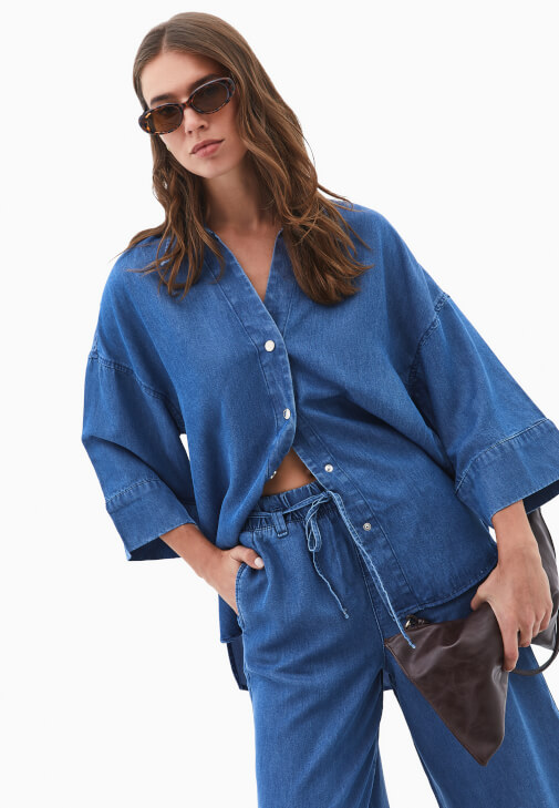 Mavi Çıtçıtlı Denim Gömlek (TENCEL™ )