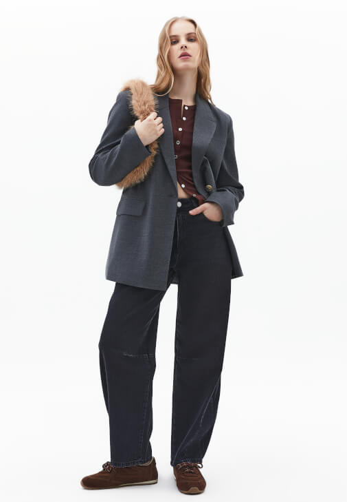 Siyah Orta Bel Barrel-Fit Pantolon