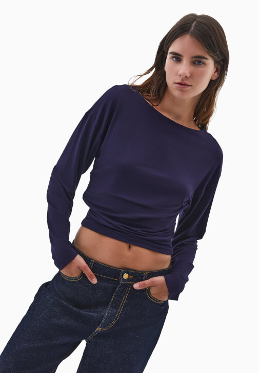 Lacivert Modal Büzgü Detaylı Tişört