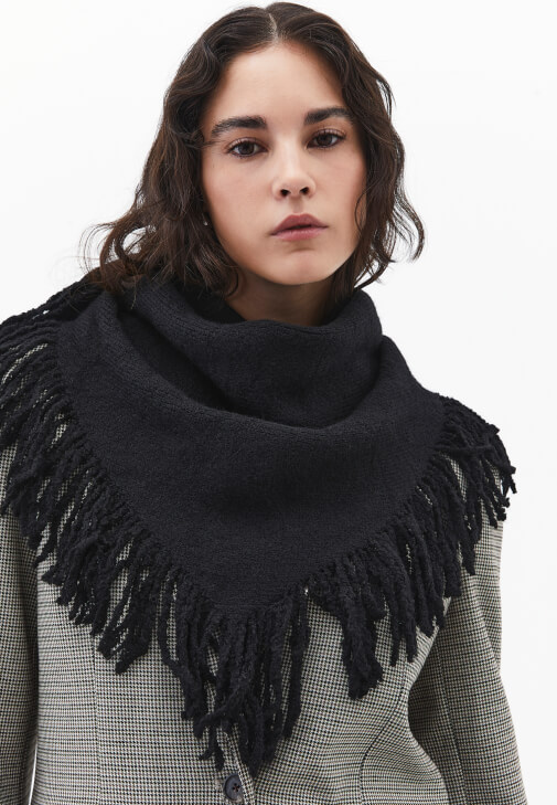 Siyah Yün Karışımlı Püsküllü Şal