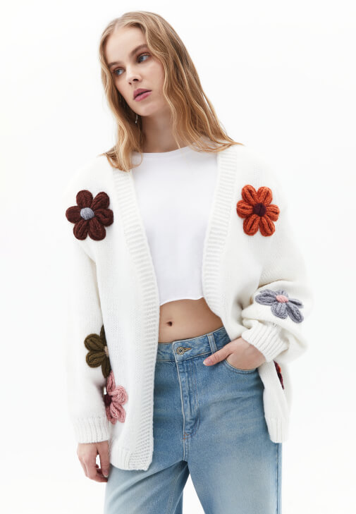 Krem Yumuşak Dokulu Oversize Hırka