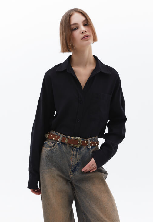 Siyah Cep Detaylı Oversize Gömlek