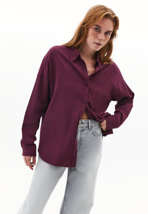 Mor Cep Detaylı Oversize Gömlek