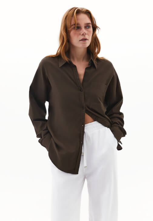 Kahverengi Cep Detaylı Oversize Gömlek