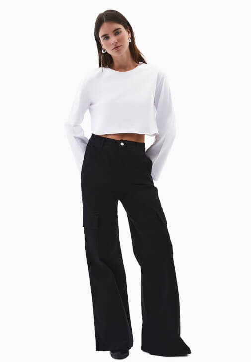 Siyah Yüksek Bel Kargo Cepli Pantolon