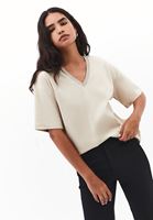 Bayan Bej V Yaka Oversize Tişört