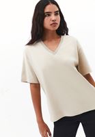 Bayan Bej V Yaka Oversize Tişört