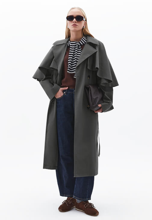 Gri Pelerin Detaylı Oversize Trençkot