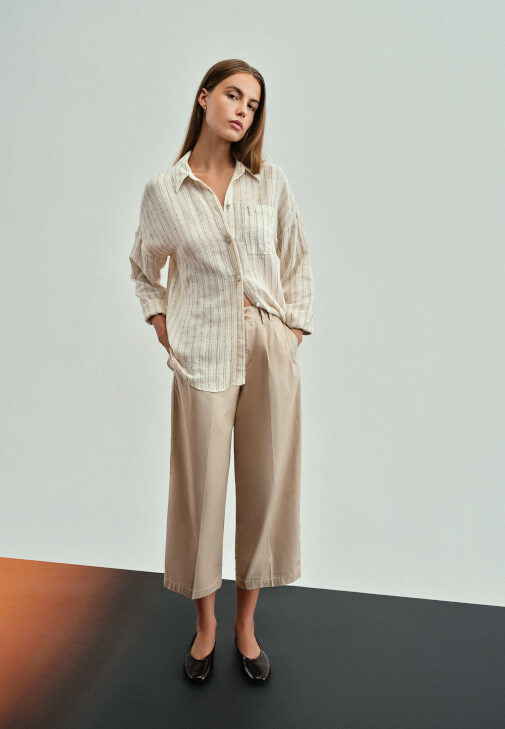 Bej Yüksek Bel Baggy-Fit Pantolon