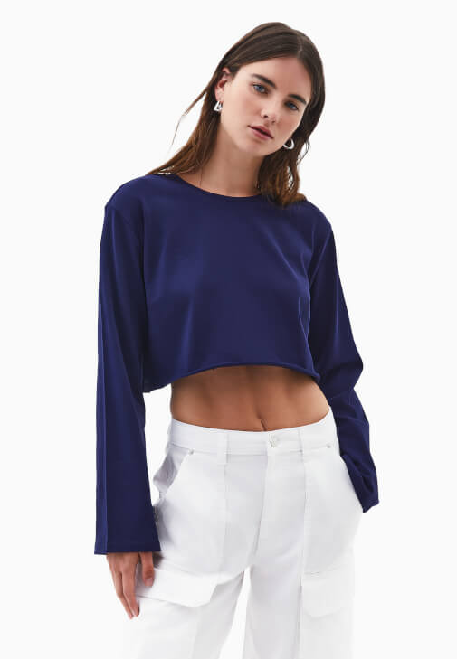 Mavi Sıfır Yaka Crop Tişört