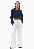 Bayan Mavi Sıfır Yaka Crop Tişört