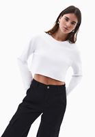 Bayan Beyaz Sıfır Yaka Crop Tişört