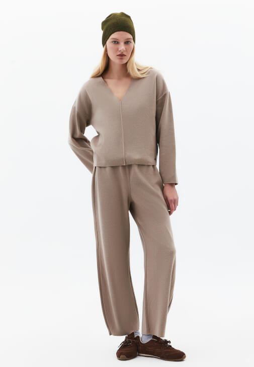 Kum Beji Yüksek Bel Barrel-Fit Pantolon