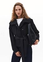 Bayan Siyah Kemer Detaylı Oversize Trençkot