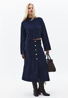 Bayan Lacivert Düğme Detaylı Midi Etek