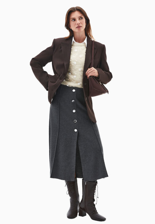  Düğme Detaylı Midi Etek