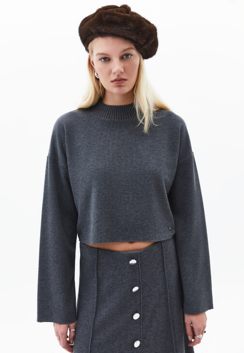 Füme Yüksek Yaka Crop Kazak