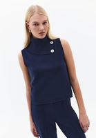 Bayan Lacivert Yüksek Yaka Düğmeli Süveter