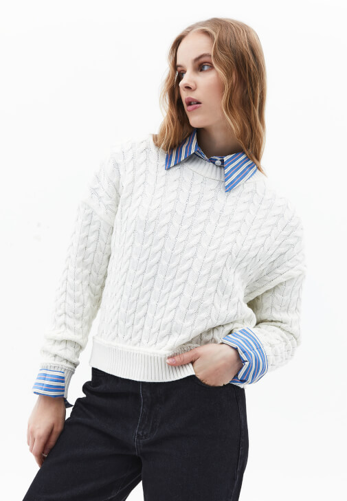 Krem Bot Yaka Triko Kazak