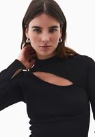 Bayan Siyah Yüksek Yaka Cut-Out Detaylı Tişört