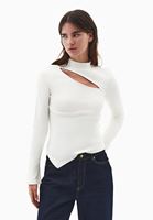 Bayan Krem Yüksek Yaka Cut-Out Detaylı Tişört