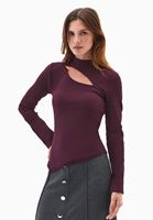 Bayan Bordo Yüksek Yaka Cut-Out Detaylı Tişört