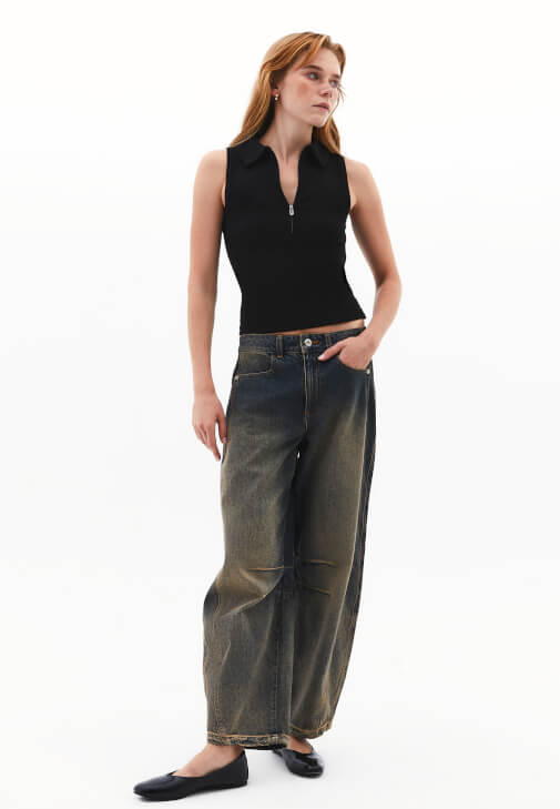 Polo Yaka Atlet ve Barrel-Fit Pantolon Kombini