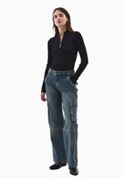 Bayan Siyah Pamuklu Fermuar Detaylı Tişört