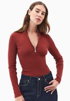 Bayan Bordo Pamuklu Fermuar Detaylı Tişört