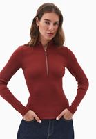 Bayan Bordo Pamuklu Fermuar Detaylı Tişört