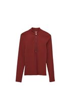 Bayan Bordo Pamuklu Fermuar Detaylı Tişört