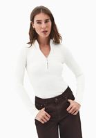 Bayan Krem Pamuklu Fermuar Detaylı Tişört