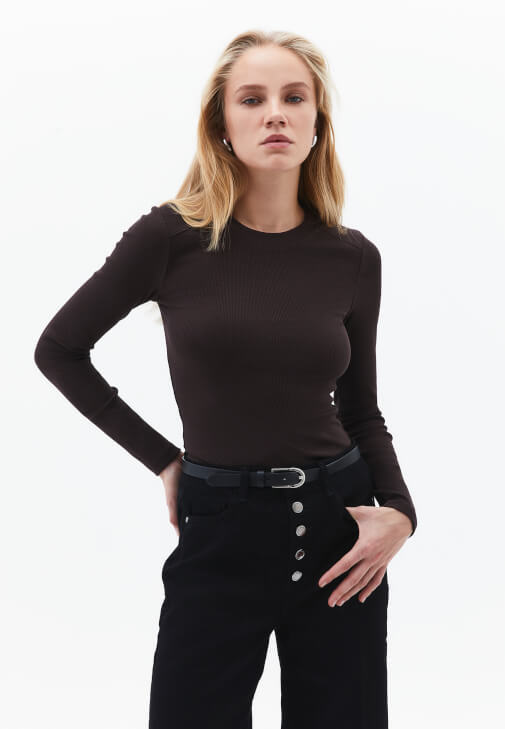 Kahverengi Pamuklu Sıfır Yaka Tişört