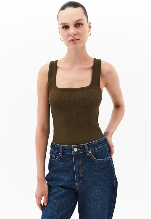 Yeşil Pamuklu Kare Yaka Atlet