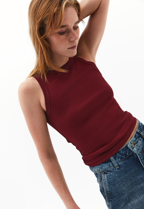 Bordo Pamuklu Halter Yaka Atlet