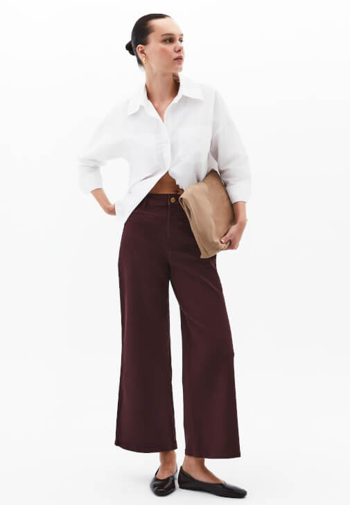 Bordo Ultra Yüksek Bel Wide-Leg Pantolon