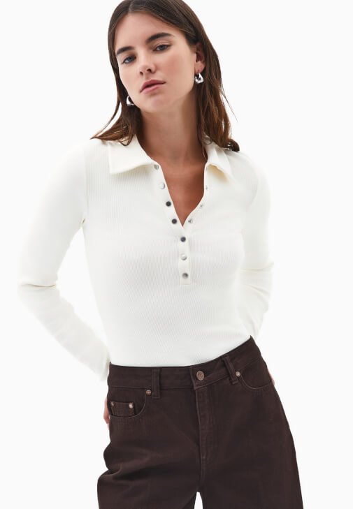 Krem Polo Yaka Çıtçıtlı Tişört