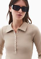 Bayan Bej Polo Yaka Çıtçıtlı Tişört