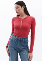 Women Red Tshirt with Snap Fastenening Detail