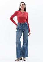 Women Red Tshirt with Snap Fastenening Detail