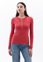 Women Red Tshirt with Snap Fastenening Detail