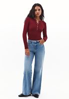 Bayan Bordo Çıtçıt Detaylı Tişört 
