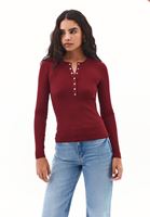 Bayan Bordo Çıtçıt Detaylı Tişört 