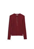 Bayan Bordo Çıtçıt Detaylı Tişört 