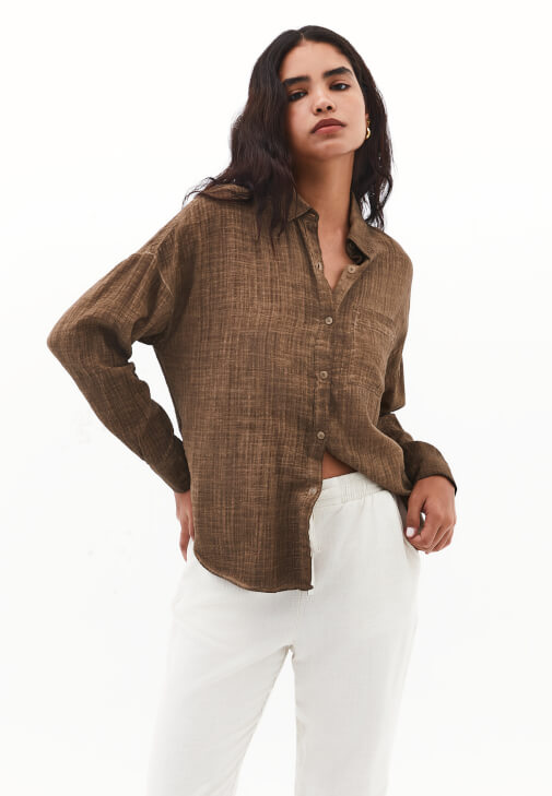 Kahverengi Yıkamalı Oversize Cepli Gömlek