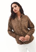 Bayan Kahverengi Yıkamalı Oversize Cepli Gömlek